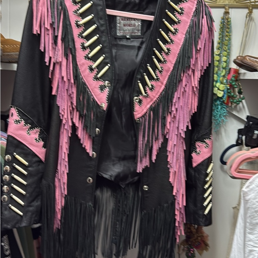 Stylish Pink and Black Fringe Leather Jacket